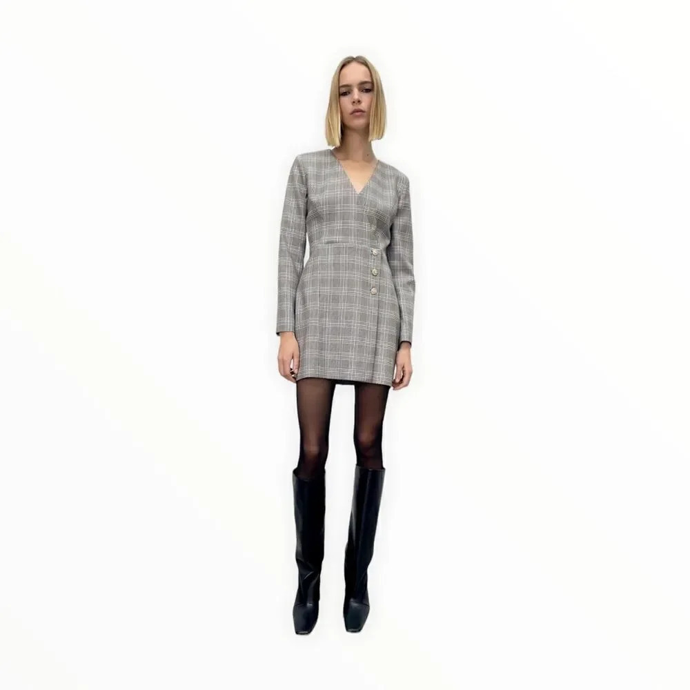 ZARA Black Gray Plaid Tailored Blazer Mini Dress S M NWT - Picture 10 of 12